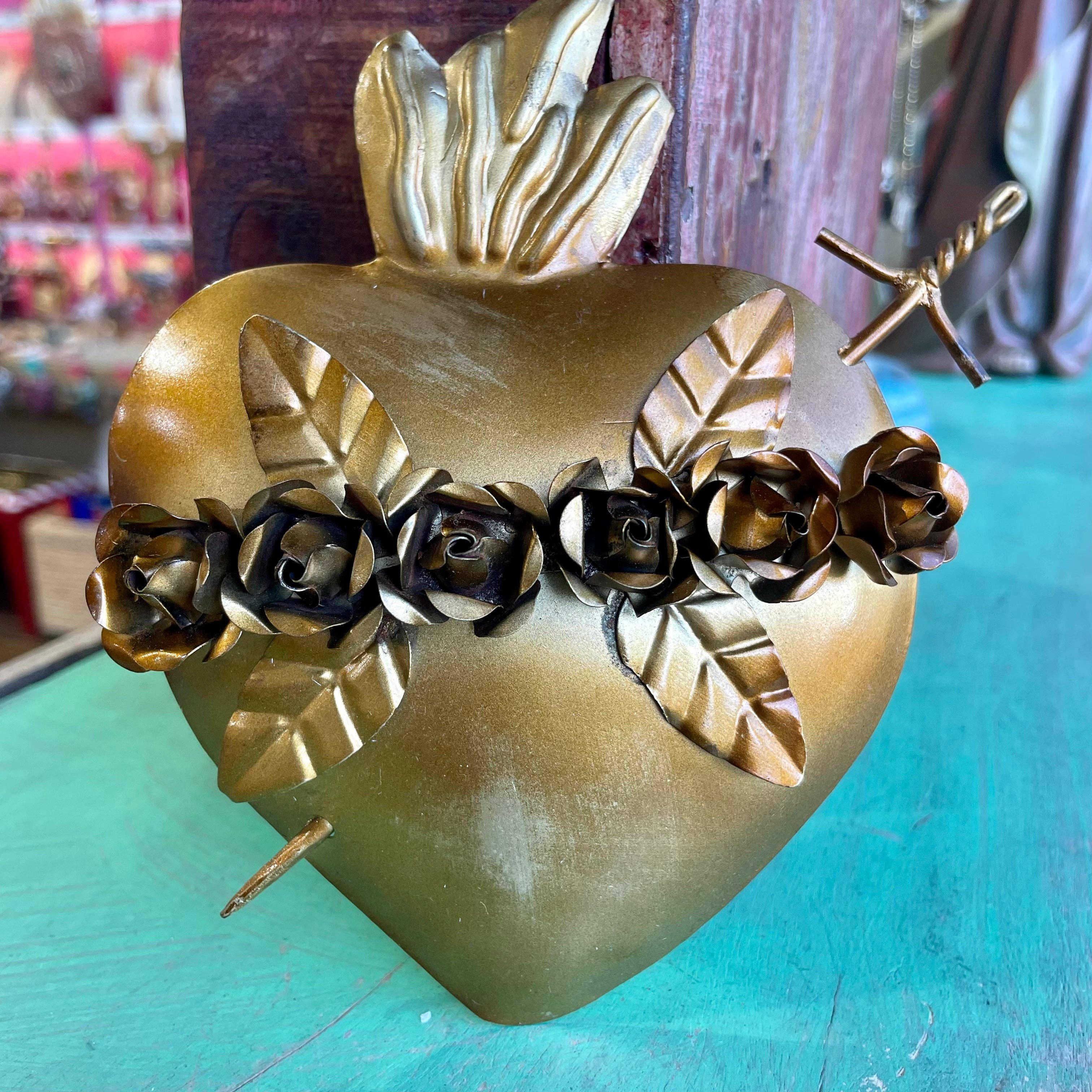 Love and Honor Jesus LLC - Wholesale Decorative Tabletop Object - Gold Metal Sacred Heart with Roses2