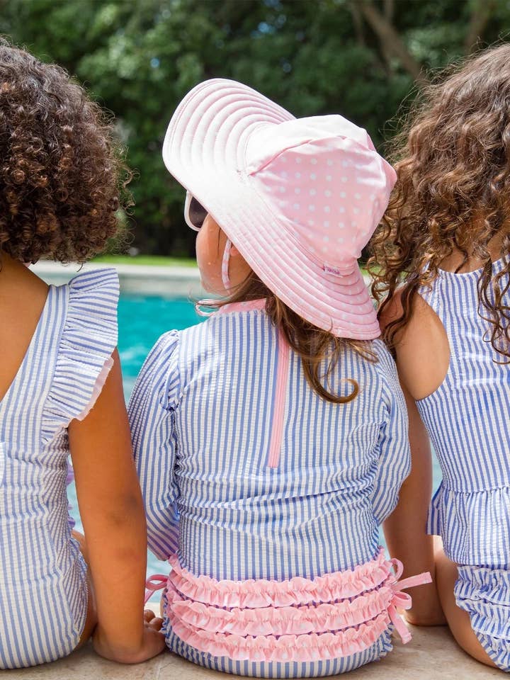 RuffleButts + RuggedButts - Wholesale Rashguard - Baby - Baby Girls Periwinkle Blue Seersucker Long Sleeve One Piece Rash Guard Swimsuit with Signature Rear Ruffles
7