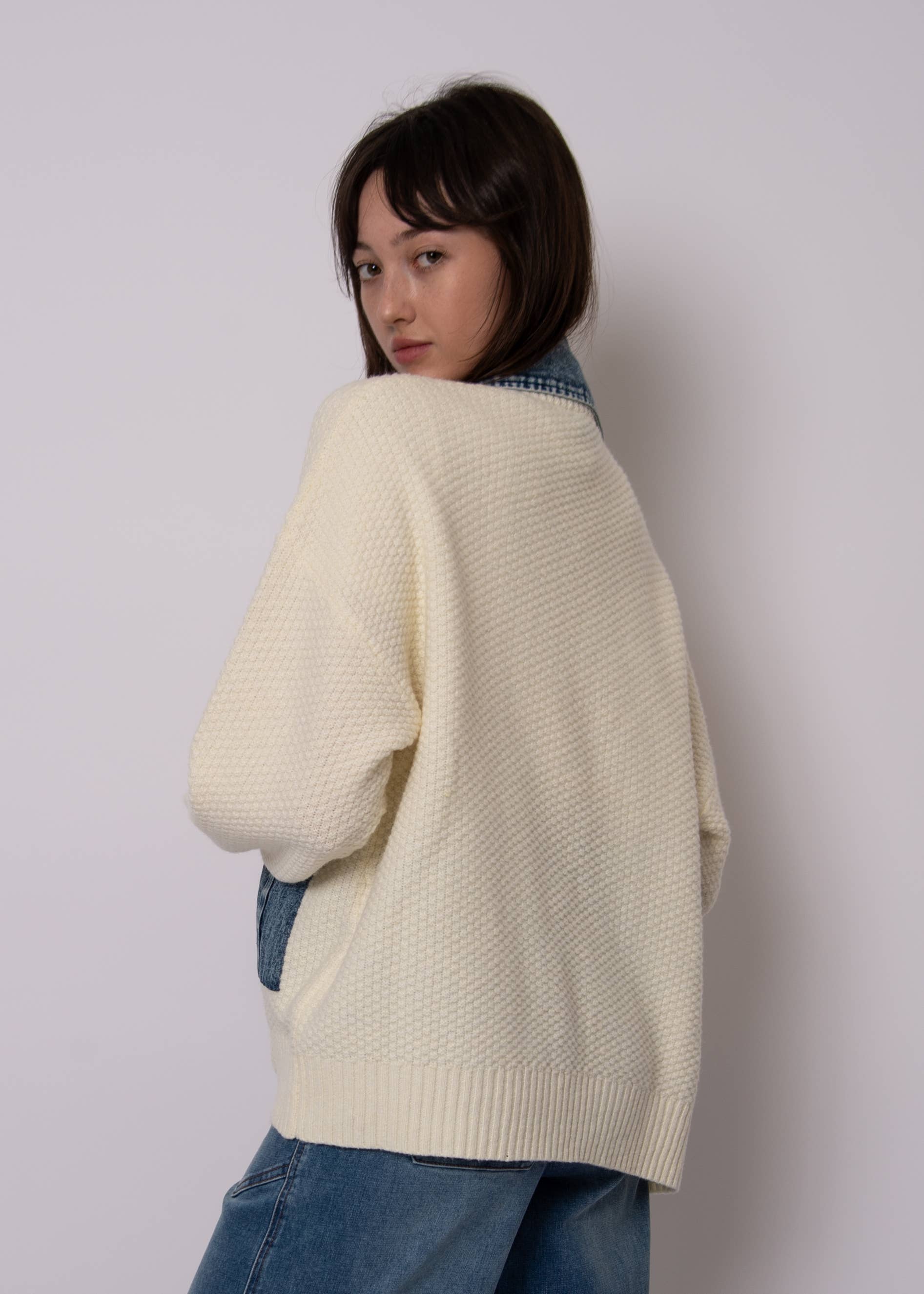 CBC IVORY MONET LONG SLEEVE SHAWL NECK DENIM COMBO CARDIGAN- 57S260S for wholesale on Faire3