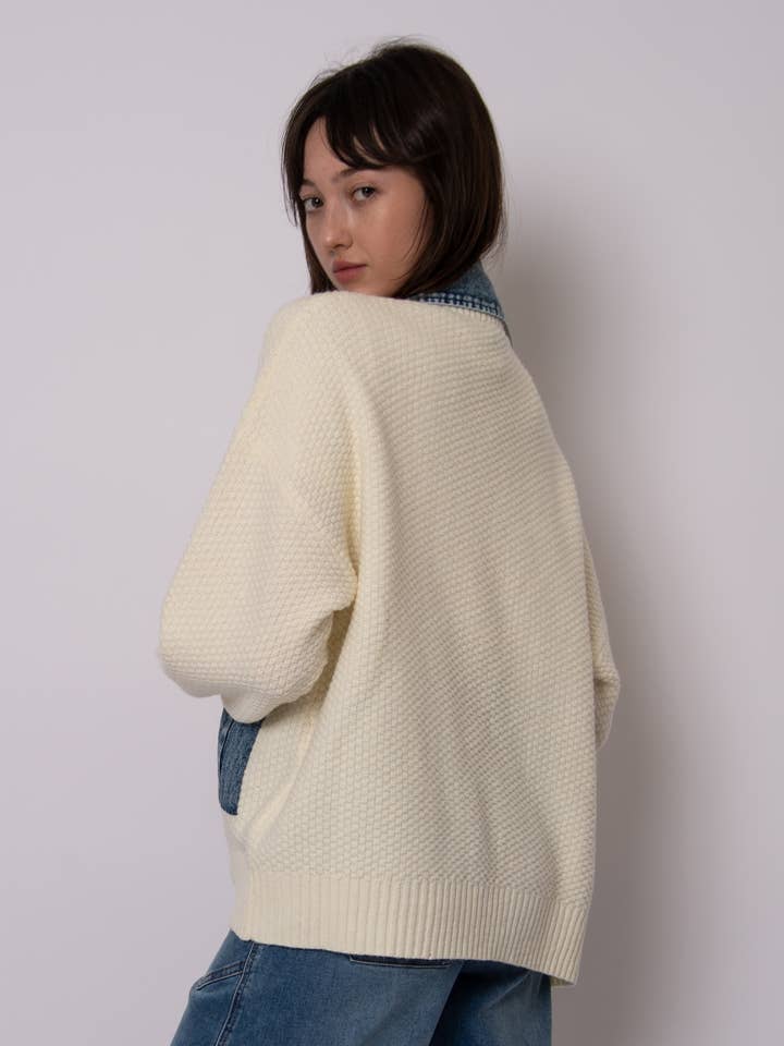 CBC IVORY MONET LONG SLEEVE SHAWL NECK DENIM COMBO CARDIGAN- 57S260S for wholesale on Faire3