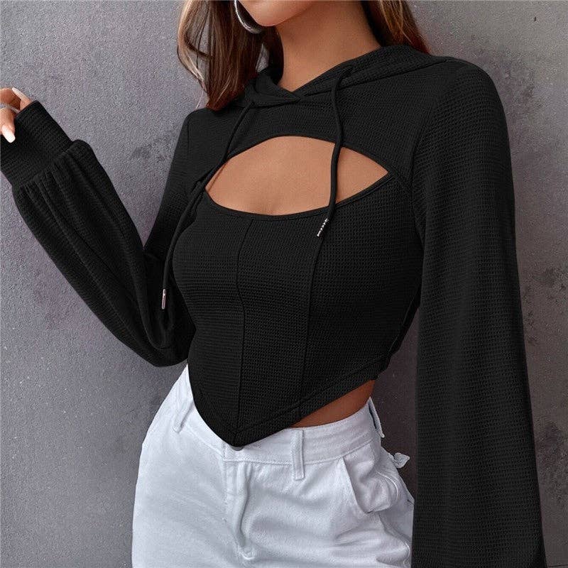 NOIR Haut deux pièces court à capuche Slim Fit de couleur unie en vente sur Faire1