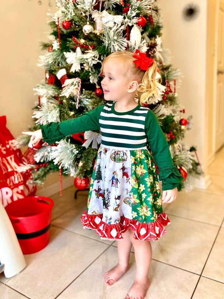 Angeline Kids – wholesale Top & trouser set – Kids – Baby Girls Christmas Grinch Ruffle Dress Pants Outfit1