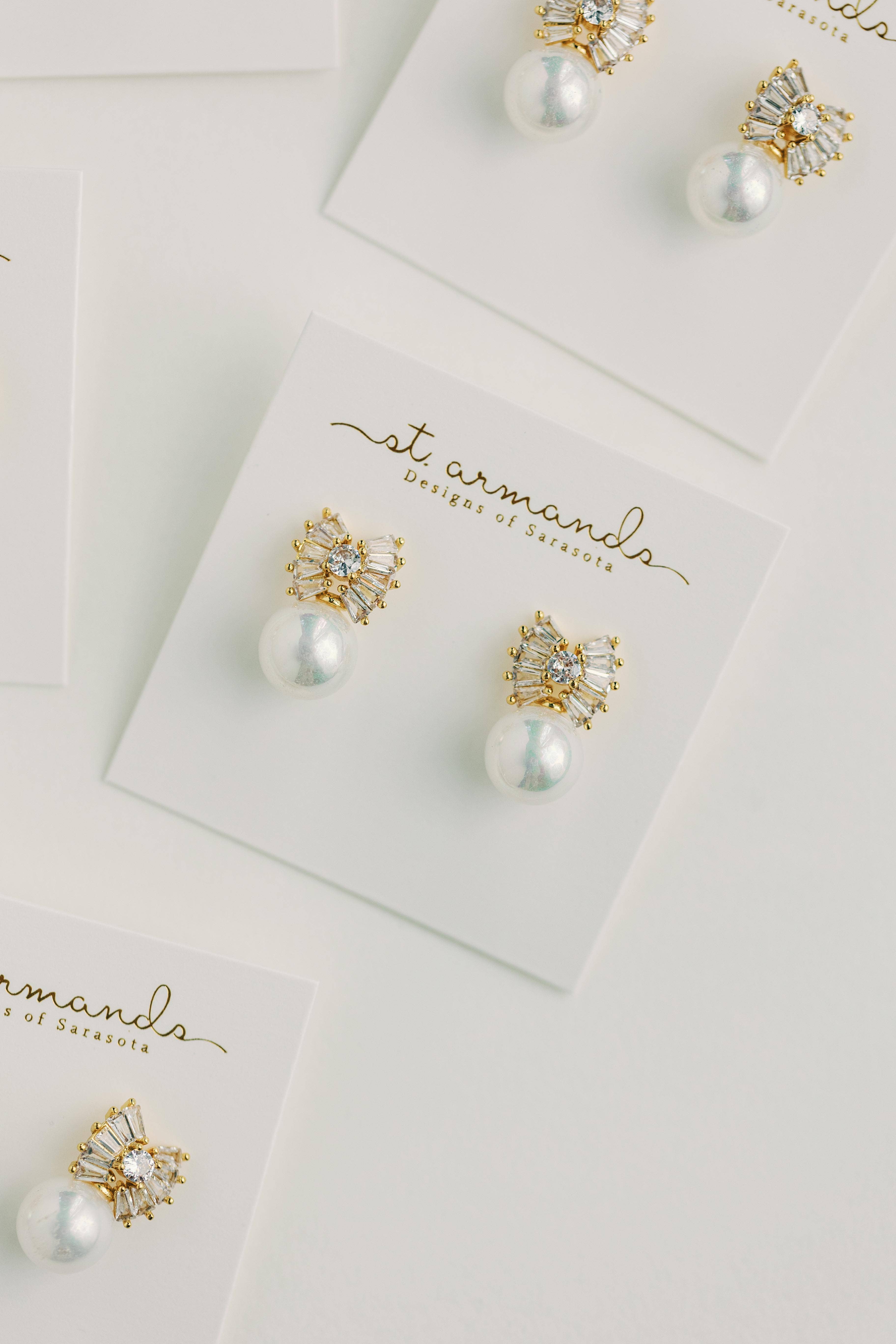 St Armands Designs of Sarasota - Wholesale Dangle Earrings - Gold Pearl Sparkler Holiday Statement Bow Earrings2