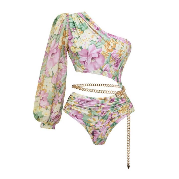 YELLOW PURPLE Floral Chain Detail One-Shoulder Bodysuit and Skirt Set for wholesale on Faire