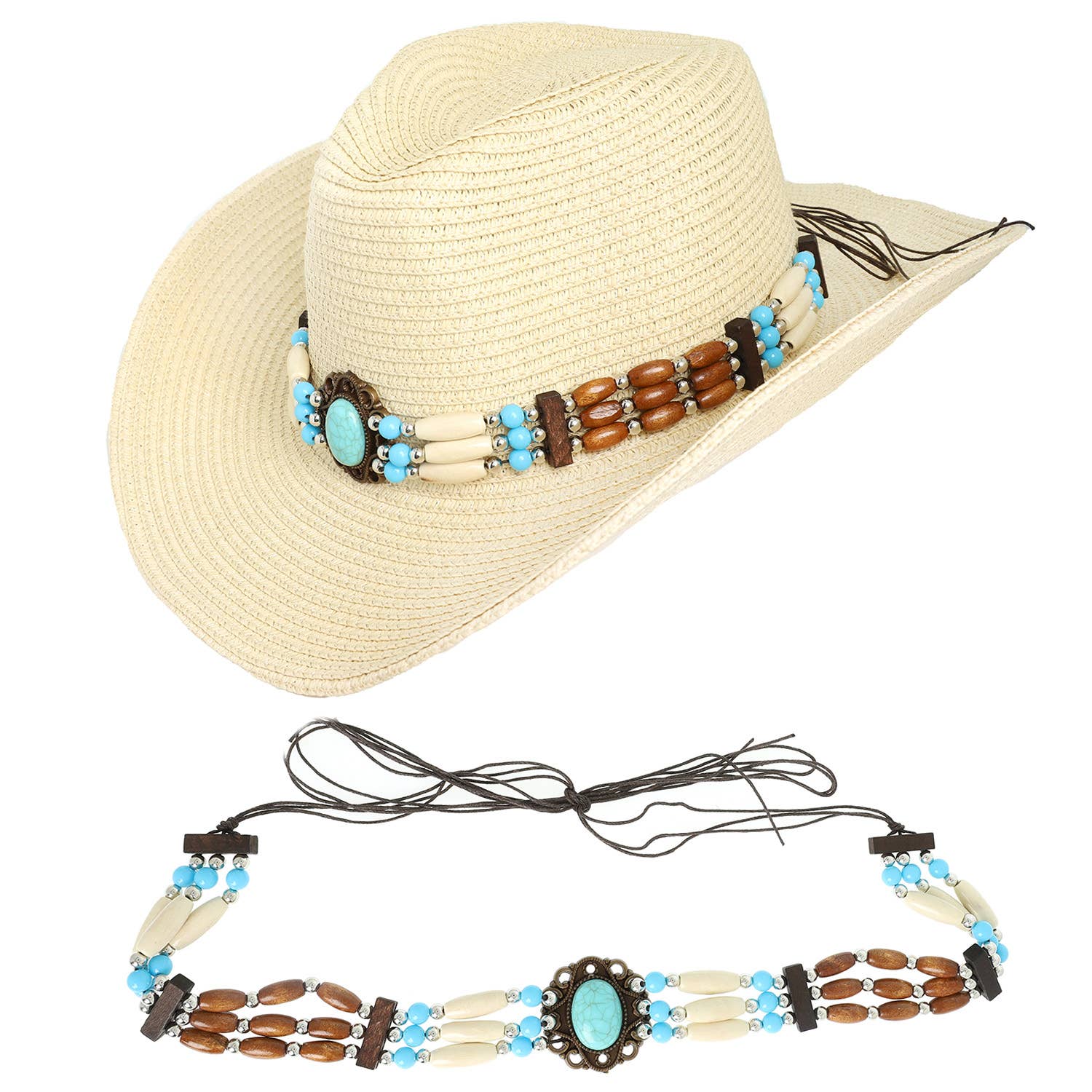 SP Sophia Collection - Wholesale Hat Accessory - Women's - Western Turquoise Concho Row Beaded Hat Band 1