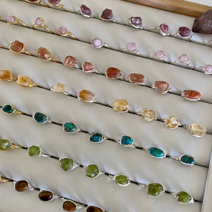 Lithic jewellery - Wholesale Single Stone/Solitaire Ring - Full Tray of Wire wrapped Crystal Rings, Handmade, Mixed2