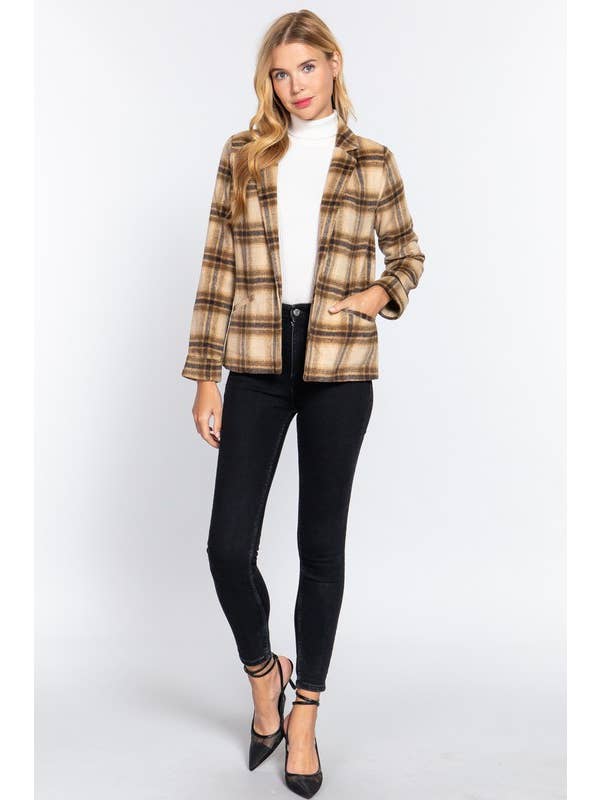 Tpe Taupe brown Long Sleeve Notched Collar Plaid Jacket for wholesale on Faire