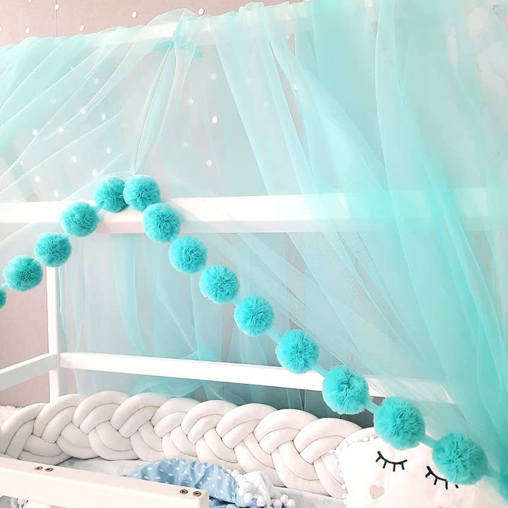Allbright Kids - Wholesale Bed Canopy - Kids & Baby - Aqua Montessori Tulle Canopy with Pom Poms for Nursery – Crib Canopy