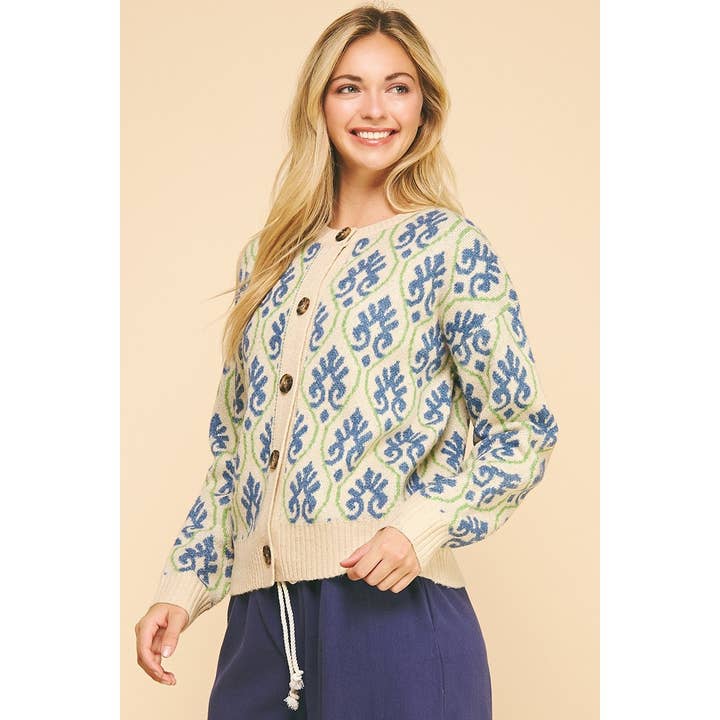 OATMEAL MULTI Cozy jacquard knit cardigan for wholesale on Faire9