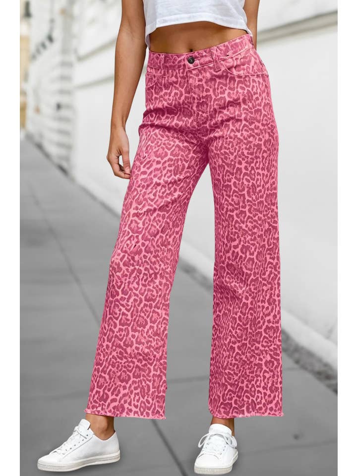 Aapparella - Vente Jean – femme - Jean large taille haute à bords effilochés motif léopard | 4-166