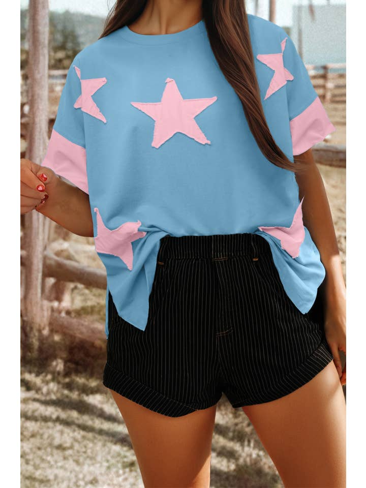 fashionworks - Wholesale T-Shirt - Women's - Fashion-W Frayed Star Denim Patchwork Oversize T Shirt