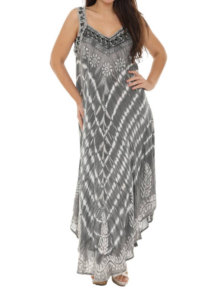 Abito lungo boho a fazzoletto con motivo chevron tie-dye per la vendita all'ingrosso da parte di Shoreline Wear. INC