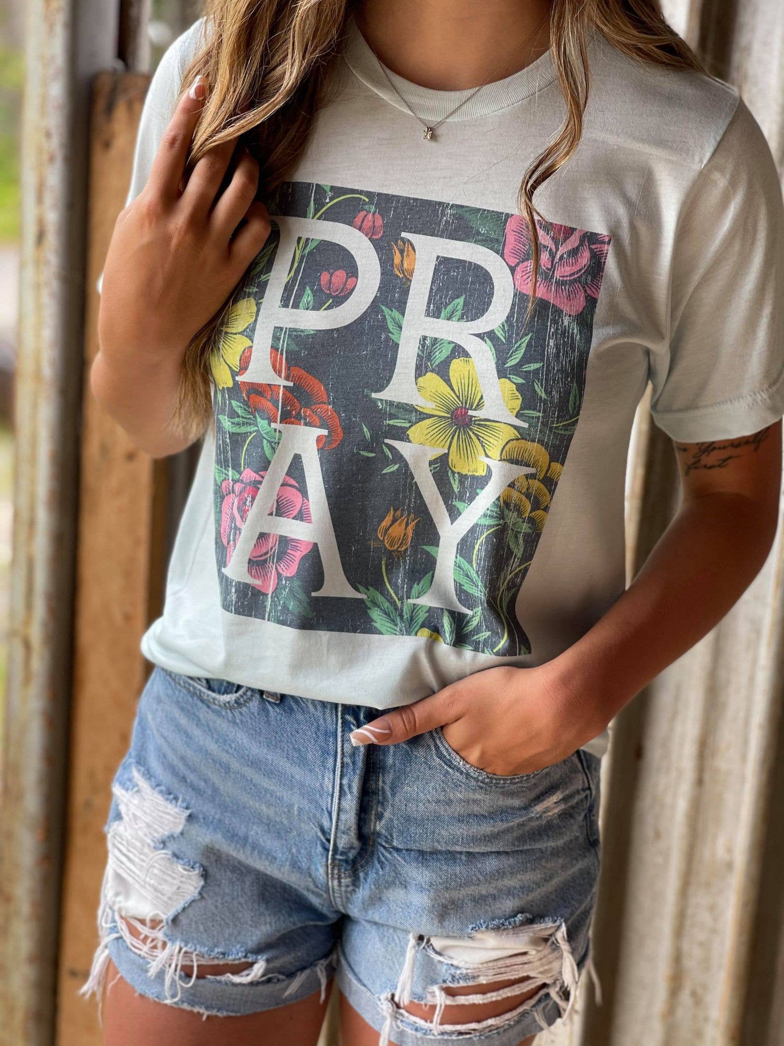 Adelle Linen - Wholesale Screen Printed T-Shirt - Women's - Floral Pray Tee0