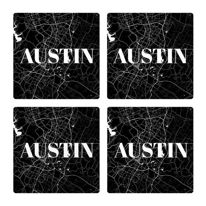 Minimalistische ZW Texas Austin Kaart | Absorberende Onderzetters | Set van 4 | Min 2 voor wholesale door Love Local