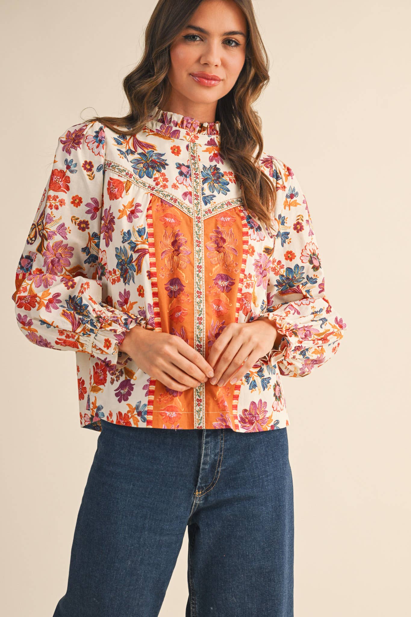 &MERCI - Wholesale Blouse - Women's - EXCLUSIVE FLORAL BORDER PRINT TOP WITH FLORAL TRIM MTP409713