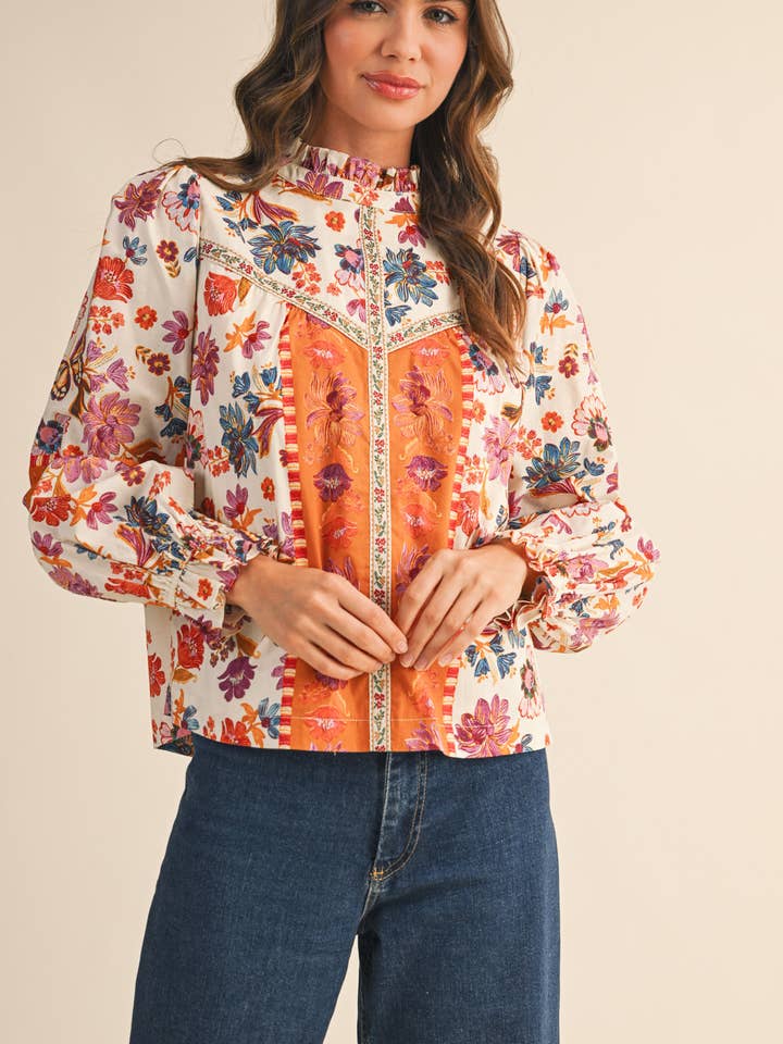 &MERCI - Wholesale Blouse - Women's - EXCLUSIVE FLORAL BORDER PRINT TOP WITH FLORAL TRIM MTP409713
