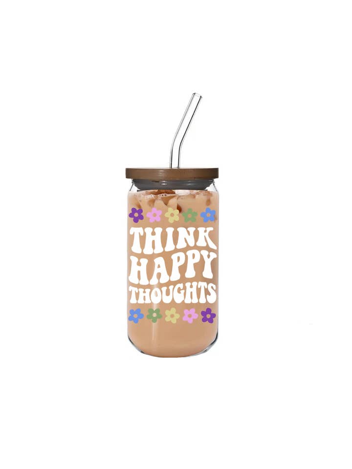 Think Happy Thoughts Glass Can for wholesale by BadAssBabes