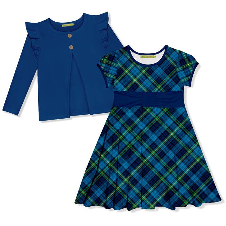 Girls Blue Plaid Cap-Sleeve Dress & Cobalt Ruffle Cardigan for wholesale by Millie Loves Lily
