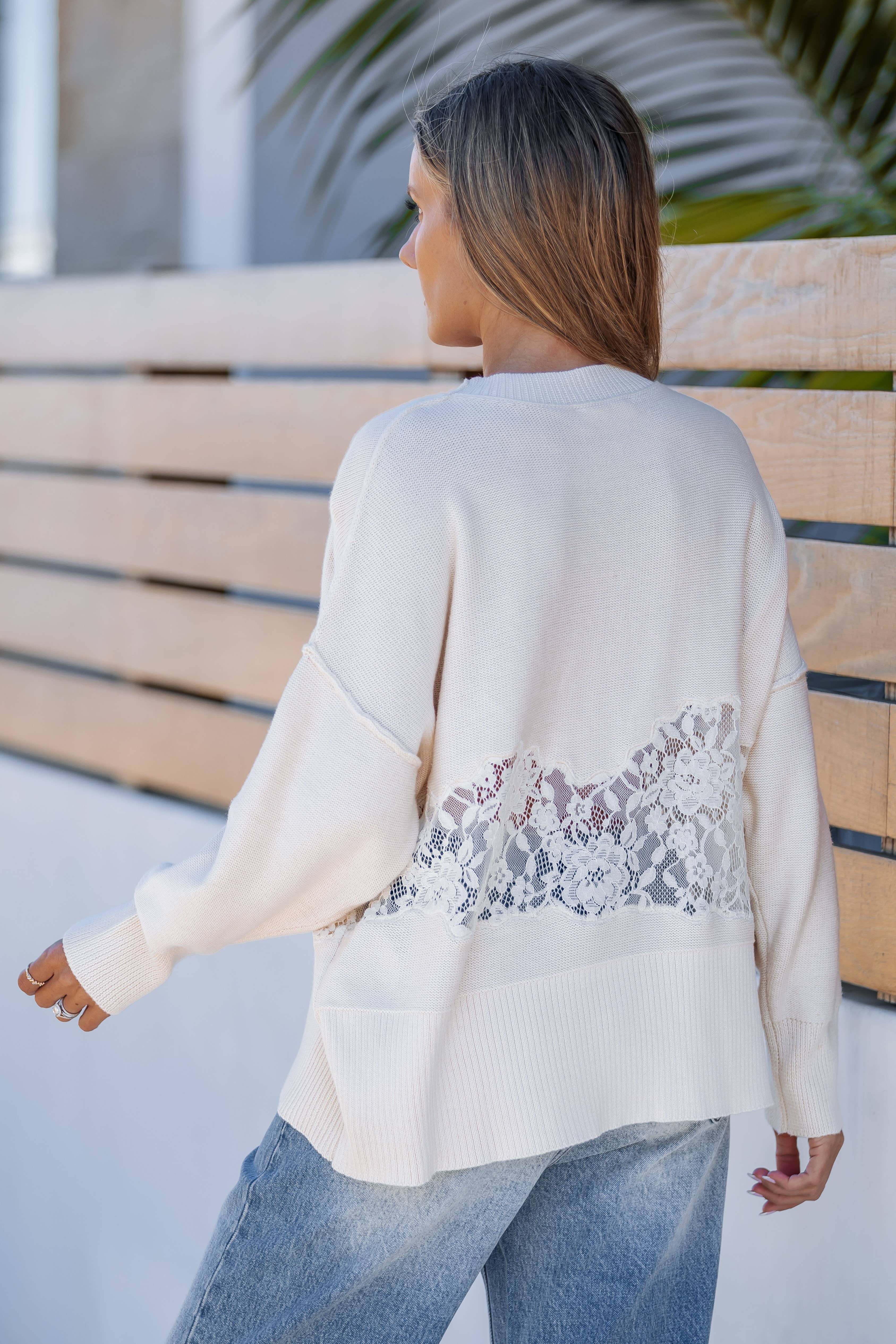 Lavender J - Wholesale Knit Sweater - Women's - Dropped Shoulder Sweater W/ Lace Detail2