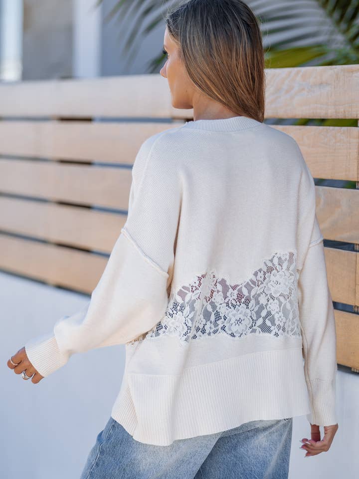 Lavender J - Wholesale Knit Sweater - Women's - Dropped Shoulder Sweater W/ Lace Detail2