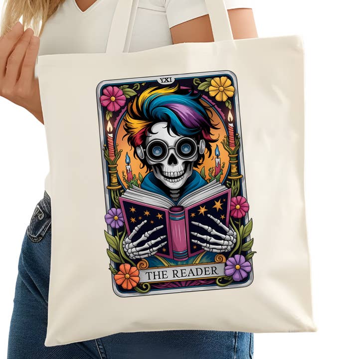 The READER Tarot Card Bookish Tote Bag – Reading Tote for Book Lovers – Book Reader Bag - Romance Reader Tote - Book Store for wholesale by Purely Bookish