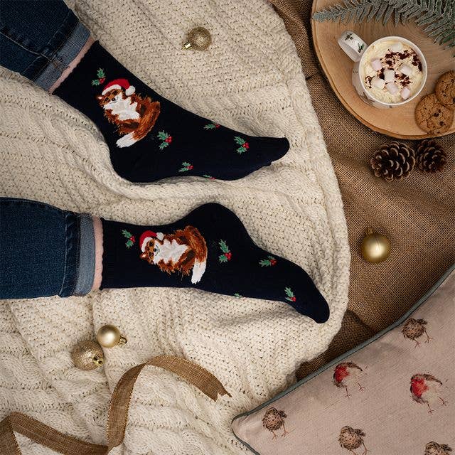 Wrendale Designs - Wholesale Socks - Women's - Christmas Sock - Festive Fox - Navy2