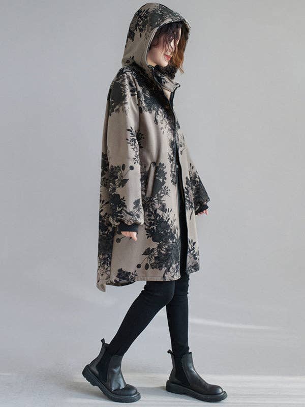 SAME AS PICTURE Artistic Retro Loose Floral Printed Hooded Long Sleeves Outwear for wholesale on Faire4