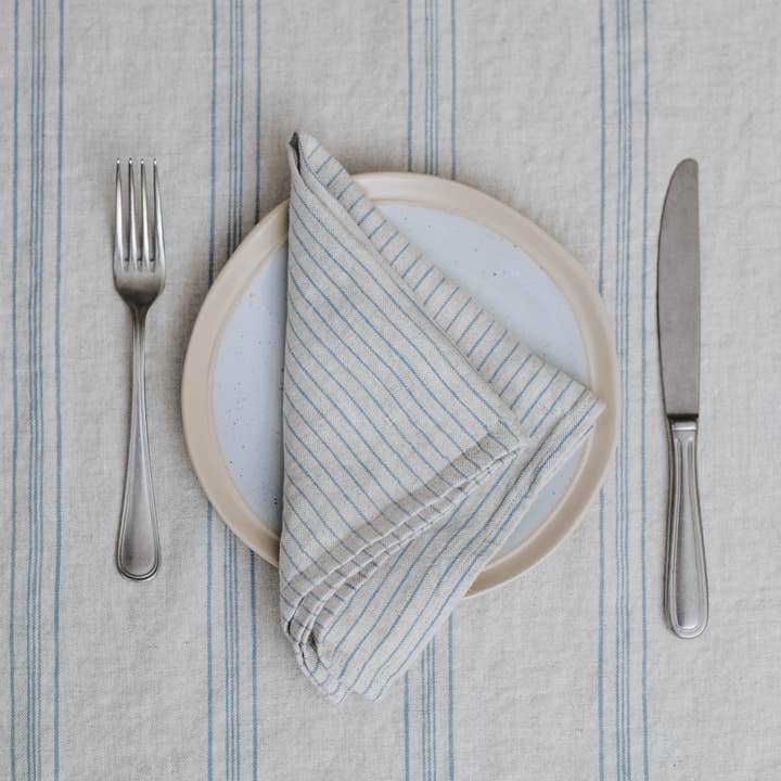 Linen Tales (We cover U.S. import duties) - Wholesale Dinner & Cloth Napkin - Grey Blue Pinstripe Rustic Linen Napkins Set of 23