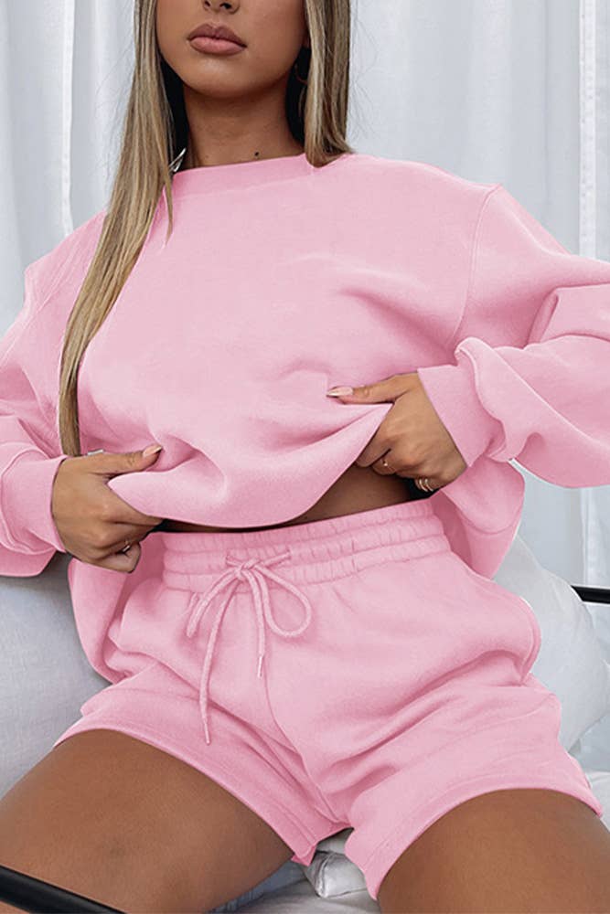 UNISHE - Wholesale Lounge Set - Women's - Plain Long Sleeves Sweatshirt and Short 2pcs Set ZK2526