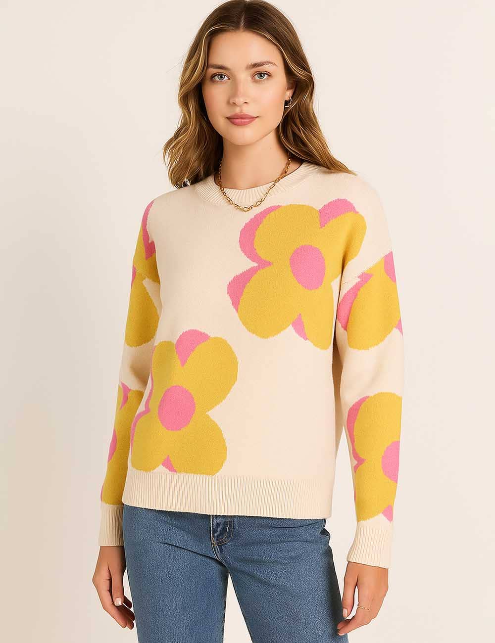 Sweetkama - Vente Pull en maille – femme - Pull tricoté à col rond à motif floral multicolore pour femmes3
