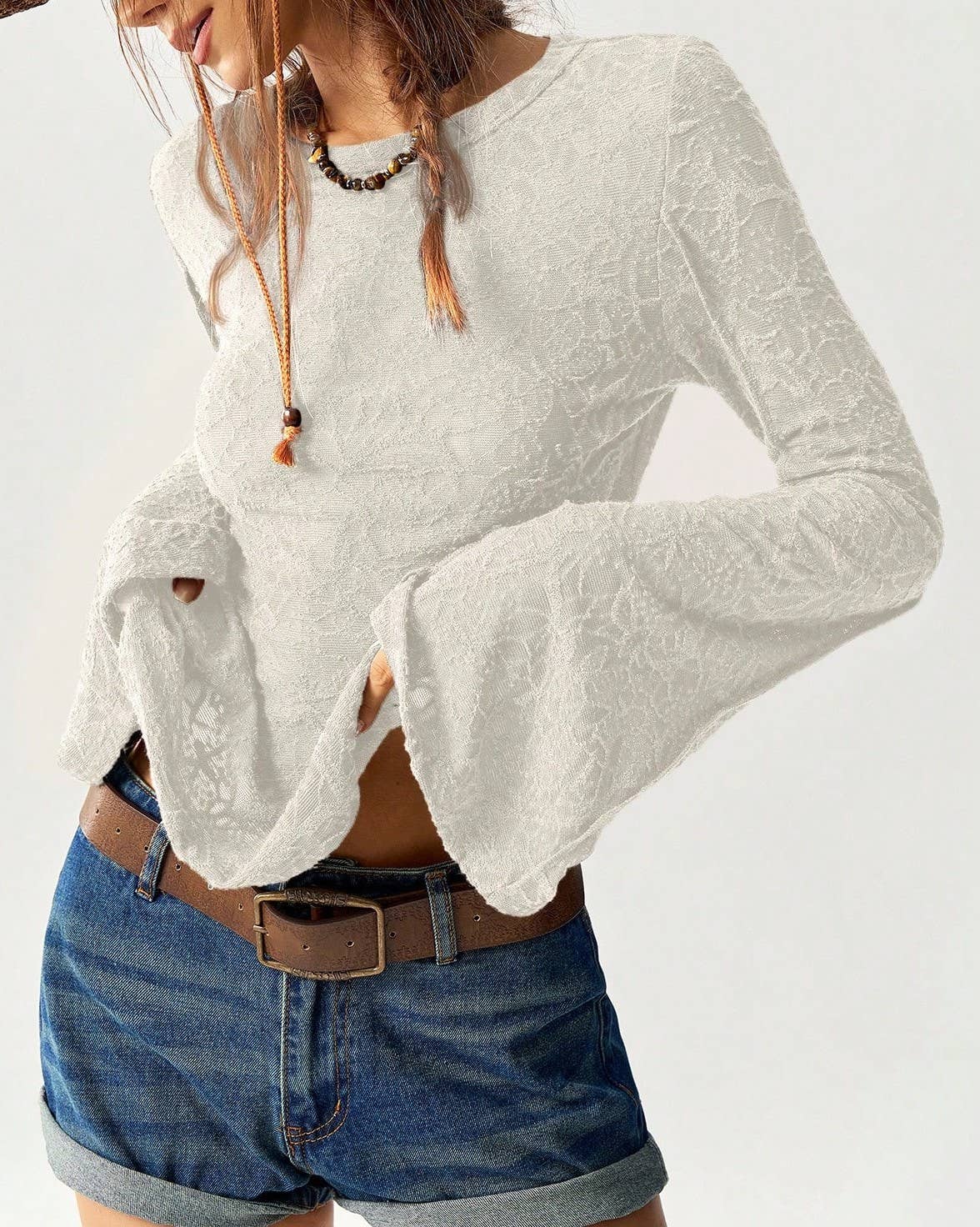 Rosa Clothing - Wholesale Blouse - Women's - Textured Crew Neck Flared Sleeves Blouse6