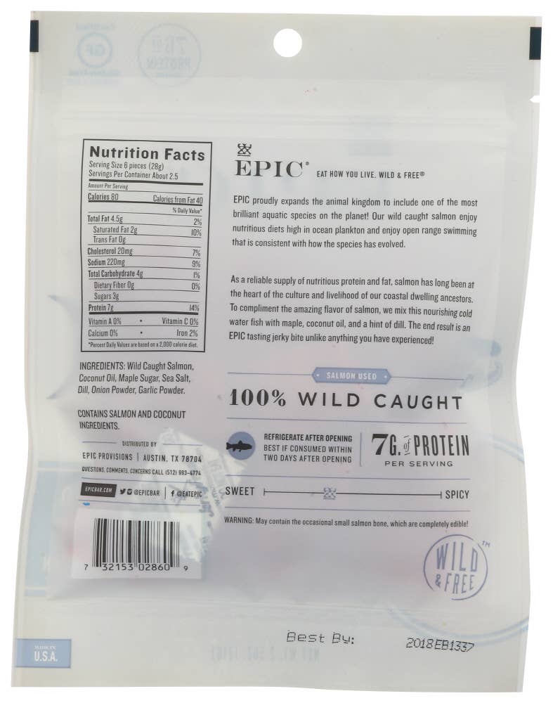 KeHE Distributors, LLC - Vente Viande séchée - Bouchées d'érable au saumon séché EPIC 2,5 oz1