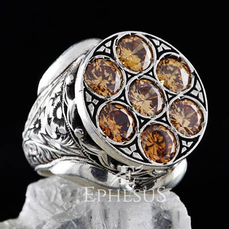 Champagne Topaz Ring Hand Engraved Sterling Silver for wholesale by Ephesus Jewelry