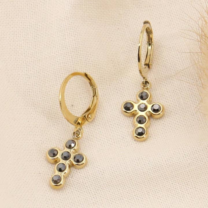 Lilas de Seine - Vente Petits anneaux - Mini-créoles charms croix hispaniques acier strass 03235230