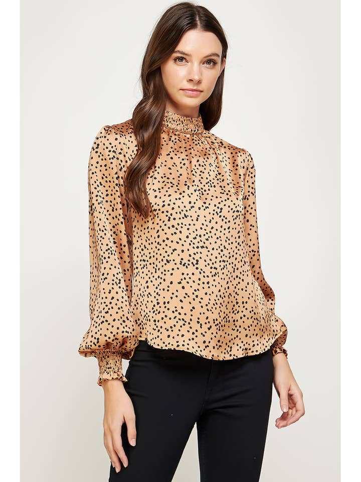 Smocked Mock Blouse In Satin Animal Print for wholesale by Strut & Bolt