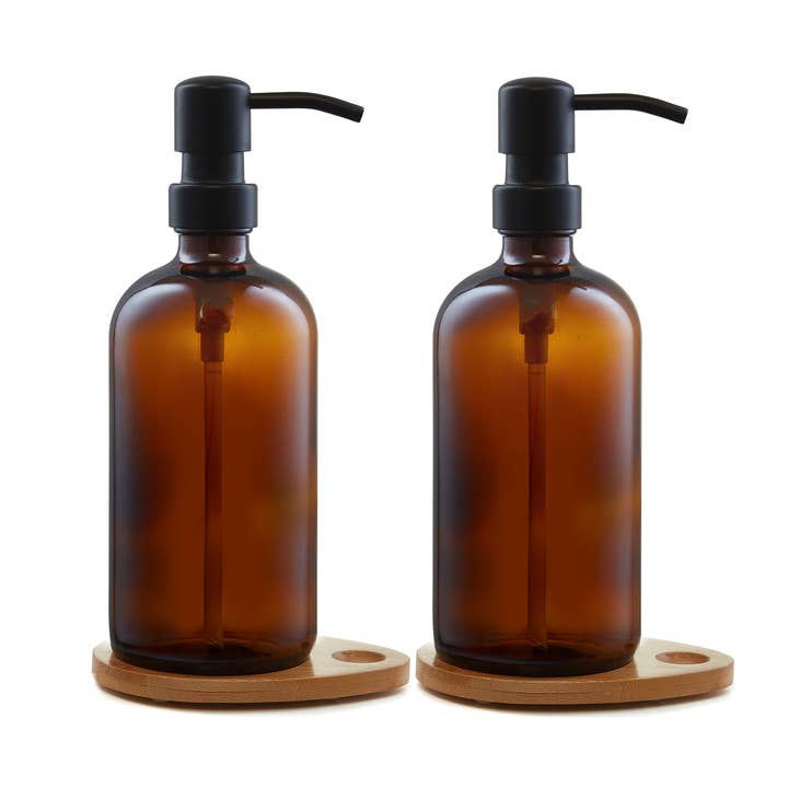 BOHO Bamboo - Wholesale Soap dispenser - Set of two 500ml refillable amber glass pump bottles with ba5