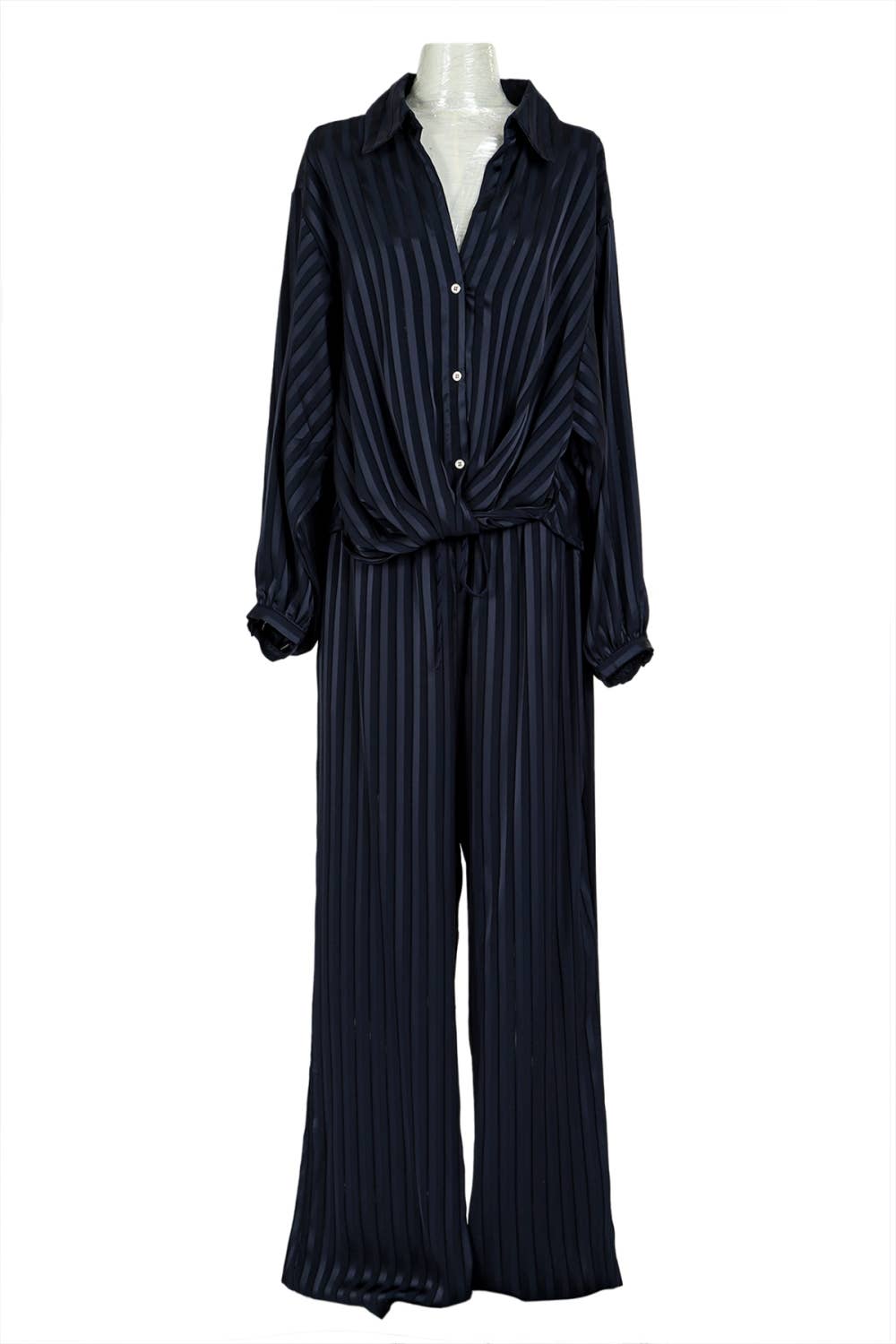 Beulah Style - Wholesale Top & Pant Set (NOT Loungewear) - Women's - Striped Satin V-Neck Collared Shirt & Pants Set QC62740