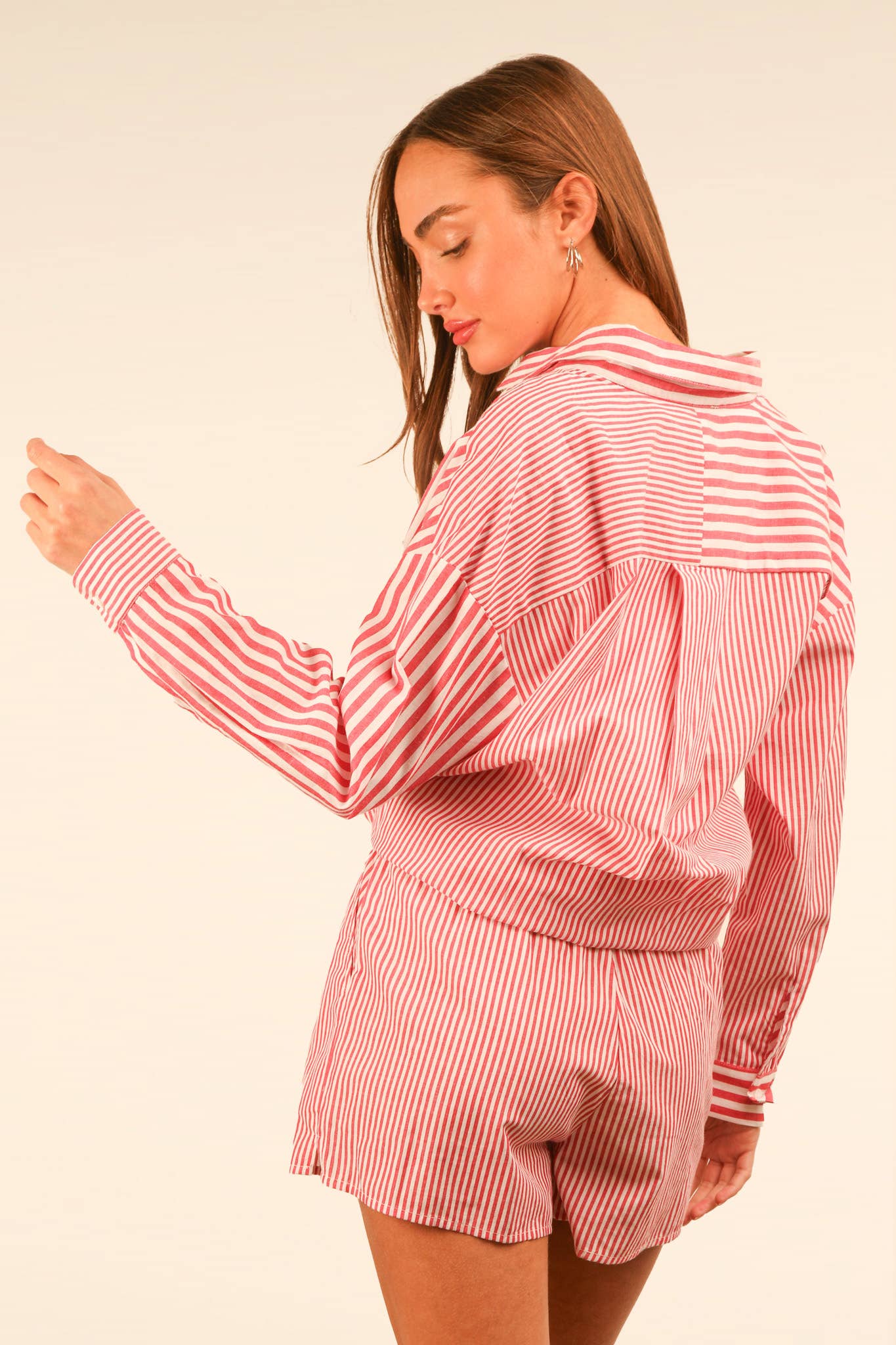 VERY J - Wholesale Lounge Set - Women's - NT12020SET-Striped Oversized Comfy Shirt Top & Shorts Set8
