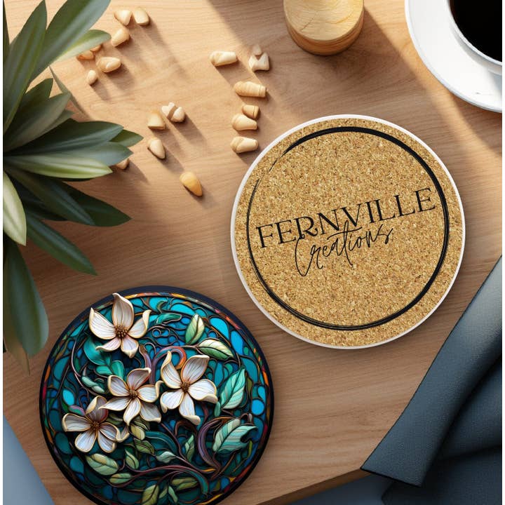 Fernville Creations - Vente Sous-verre - Sous-verre en céramique Magnolias avec dossier en liège pour décoration intérieure2