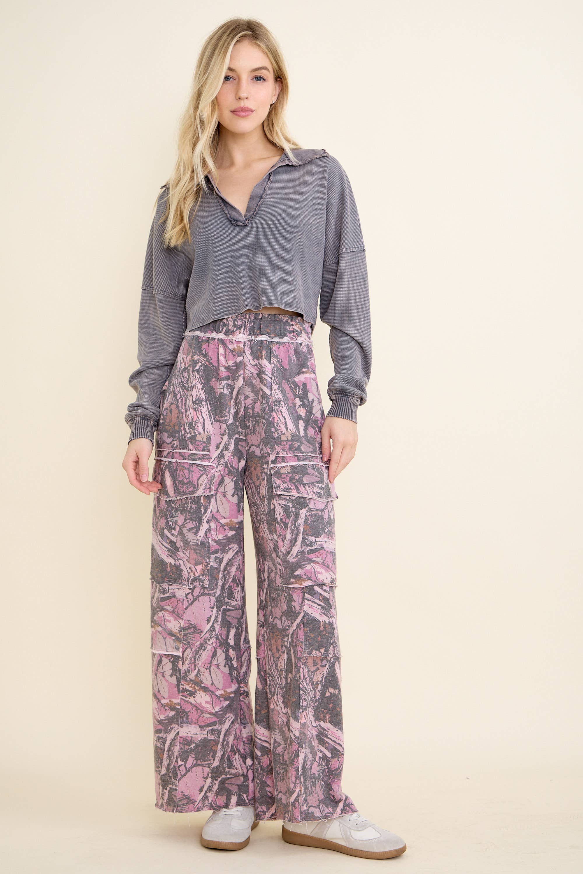 J.Her - Wholesale Knit Top - Women's - Mineral Wash Thermal V neck collar croptop GD4116T4