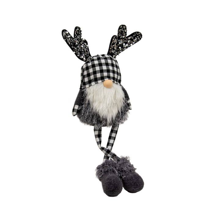 Black & White Buffalo Check Sequin Reindeer Dangle Leg Gnome for wholesale by CWI Gifts