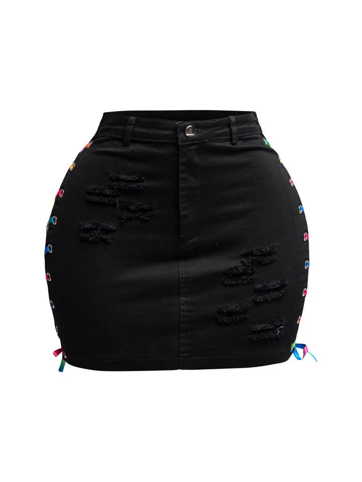 Distressed Denim Skirt With Rainbow Shoe Lace Up for wholesale by K Too