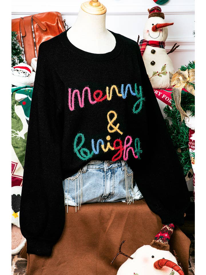 As shown Fall Colorful Merry&Bright Tinsel Graphic Christmas Sweater for wholesale on Faire
