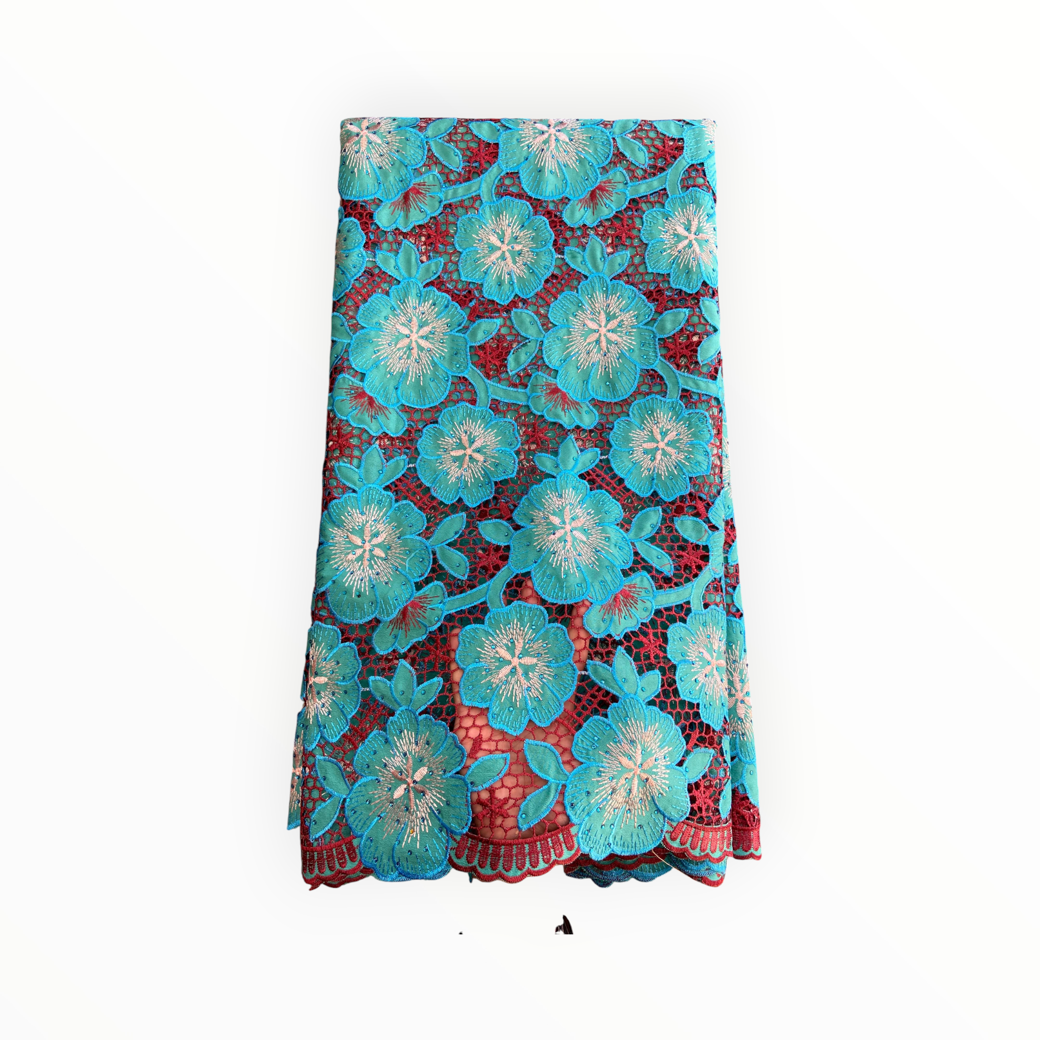 City Fabrics – wholesale Craft supplies – Top Quality Cord Lace Fabric in Teal Blue / Maroon - 5 Yards1