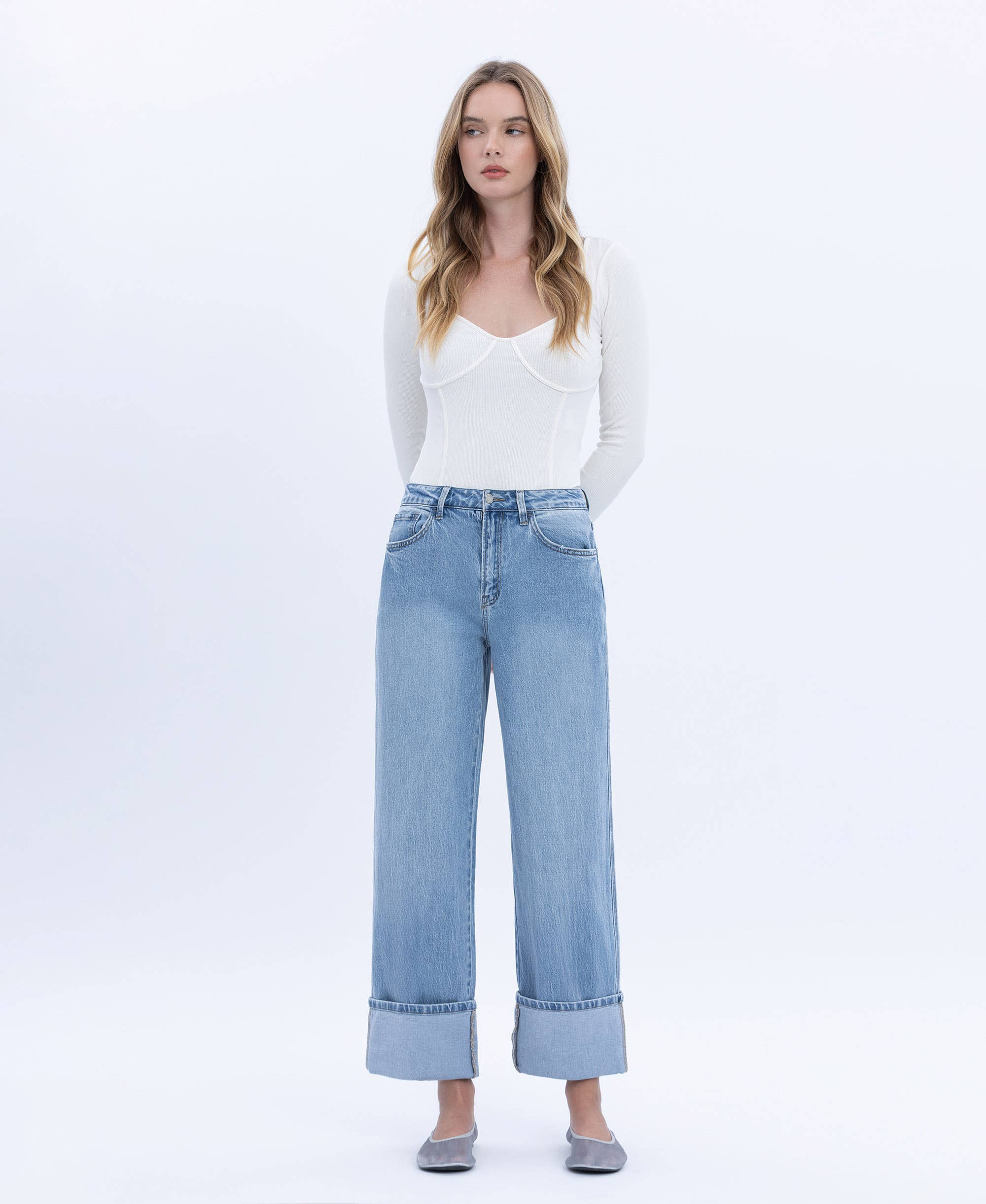 ENRAPTURE SUPER HIGH RISE CUFFED BAGGY STRAIGHT JEANS T6513 for wholesale on Faire8