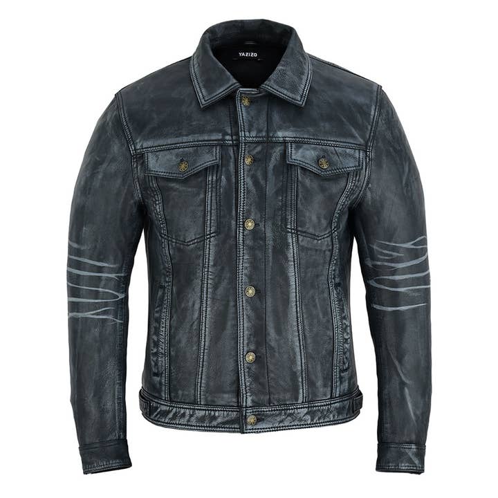 Four Pocket Western Style Herren Trucker-Jacke aus marineblauem für den Großhandel von Pure Leather