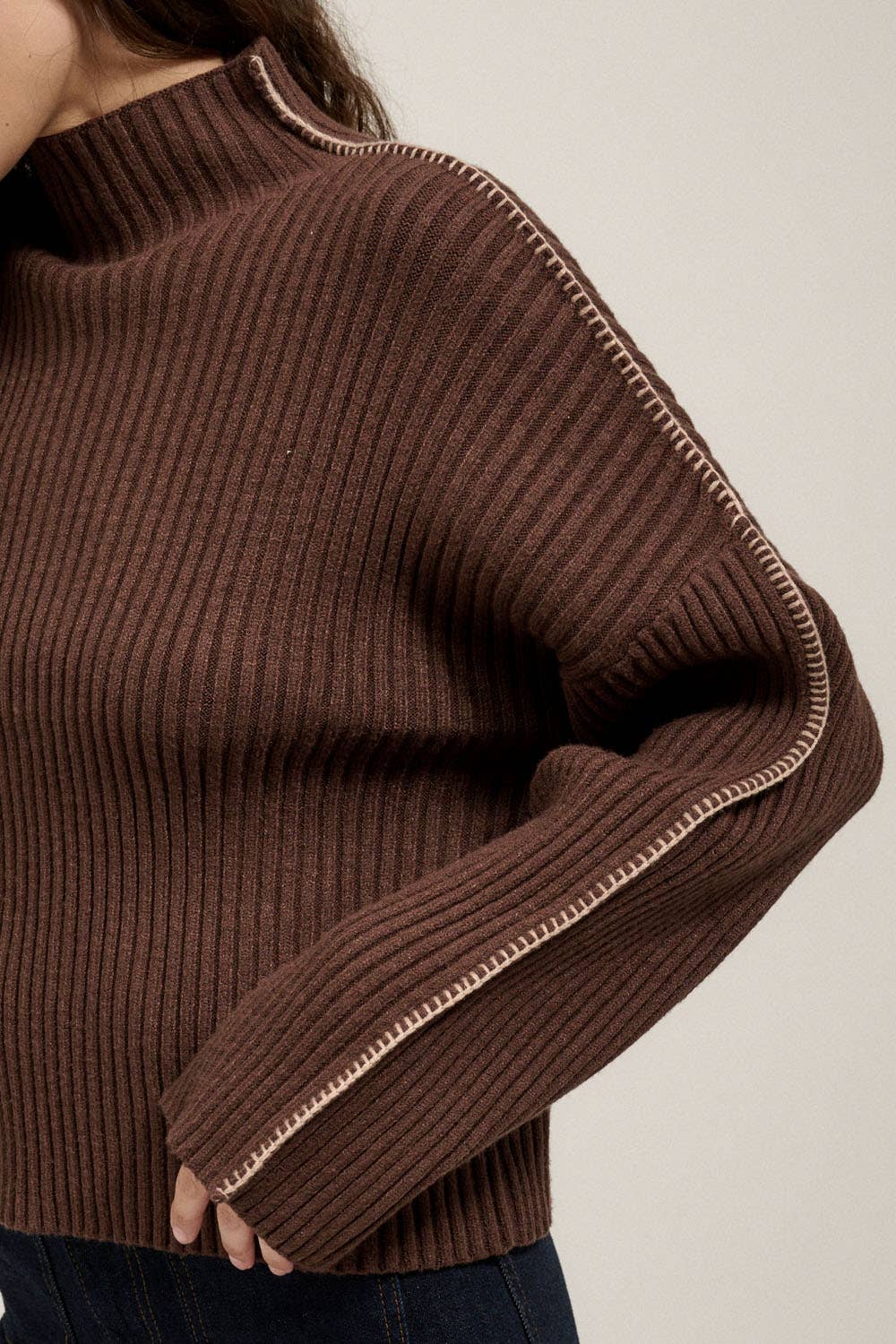 Promesa USA - Wholesale Knit Sweater - Women's - Solid High Neck Rib Knit Expose Seam Sweater21