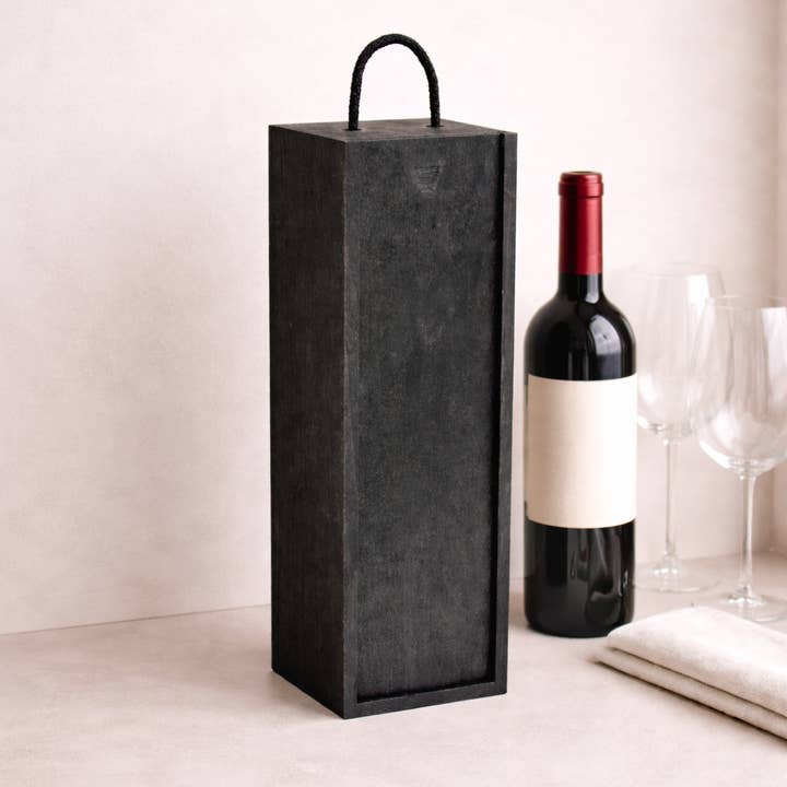 Wooden Wine Bottle Box - Sliding Lid - Handle - Black for wholesale by Gadsby
