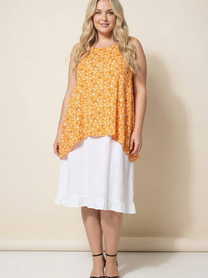 Set met bedrukte oranje top + jurk in grote maat (T22317) voor wholesale door Pomme Rouge Paris