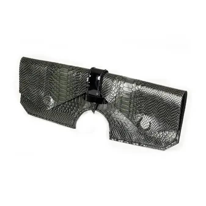 Grey Python-Embossed Leather Clutch with Sculptural Cut-Out for wholesale by The Dark